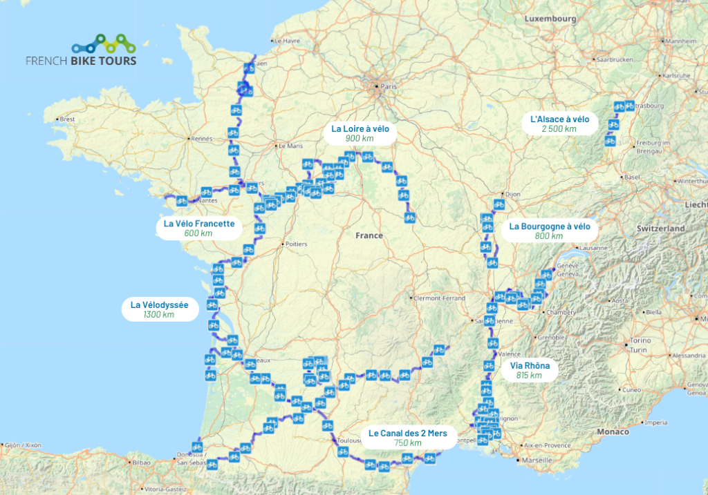 Carte - V&eacute;lo route en France - French Bike Tours